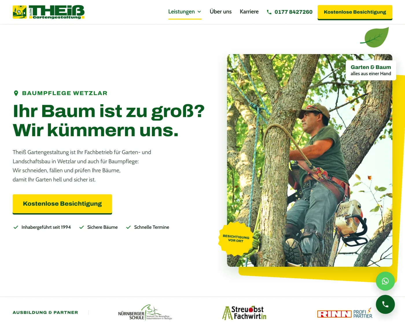 Neue Website von Theiß Gartengestaltung: klare Headline, gelber Button „Kostenlose Besichtigung“, Foto eines Baumpflegers