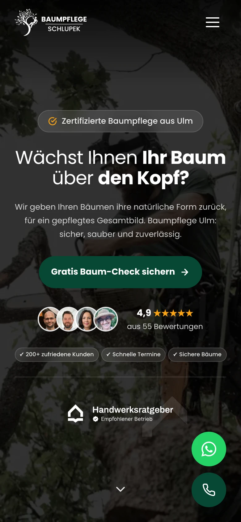 Mobile Ansicht von Baumpflege Schlupek: Headline, Button „Gratis Baum-Check sichern“, Bewertungen und schwebende Buttons für WhatsApp und Anruf